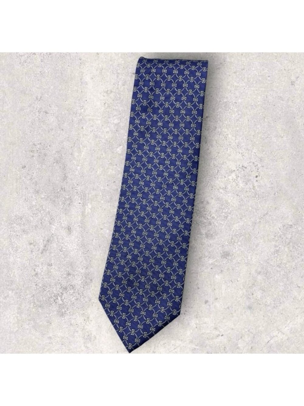 BVLGARI 7fold Silk Tie ITALY Blue Silver Geometric W:3.7" EUC